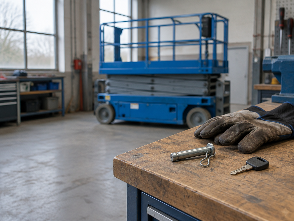 Sfeerbeeld van hoogwerker en onderdelen in een werkplaats